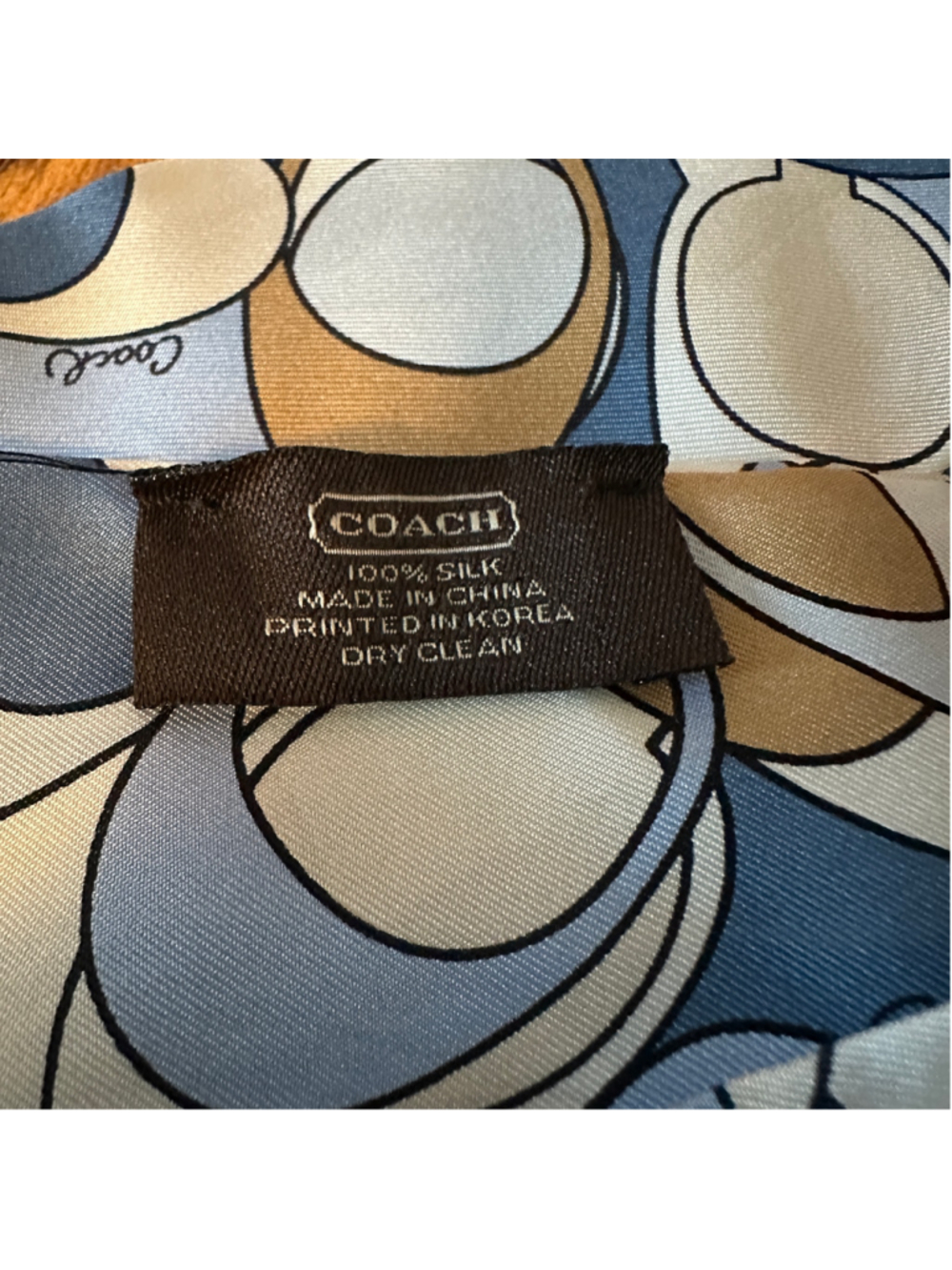 Coach Signature Logo Silk Scarf Blue Beige Twilly Neckerchief Bag Handle Wrap - Picture 2 of 6